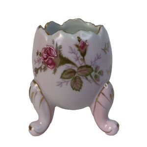 Vintage NapcoWare Pink Porcelain Cracked Egg Planter Vase w/Gold Trim Roses